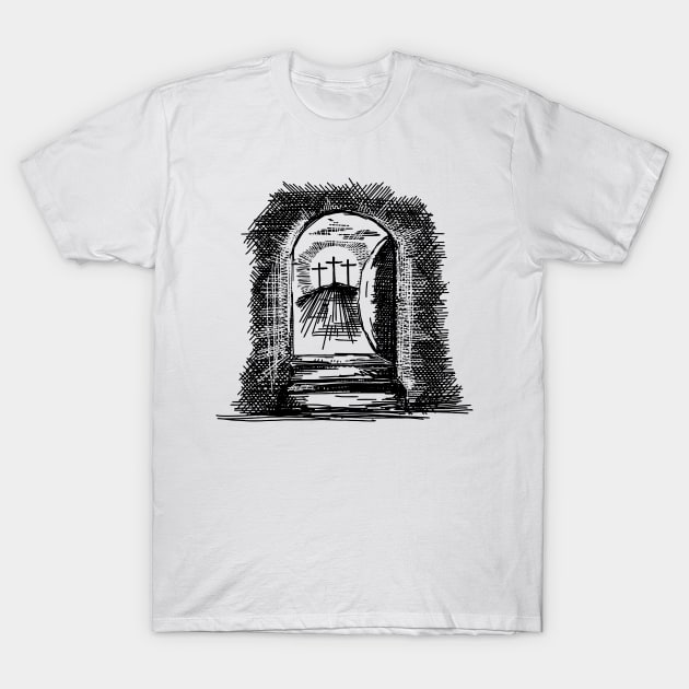 A glimpse from the empty tomb of Jesus Christ. The morning of the resurrection T-Shirt by Reformer